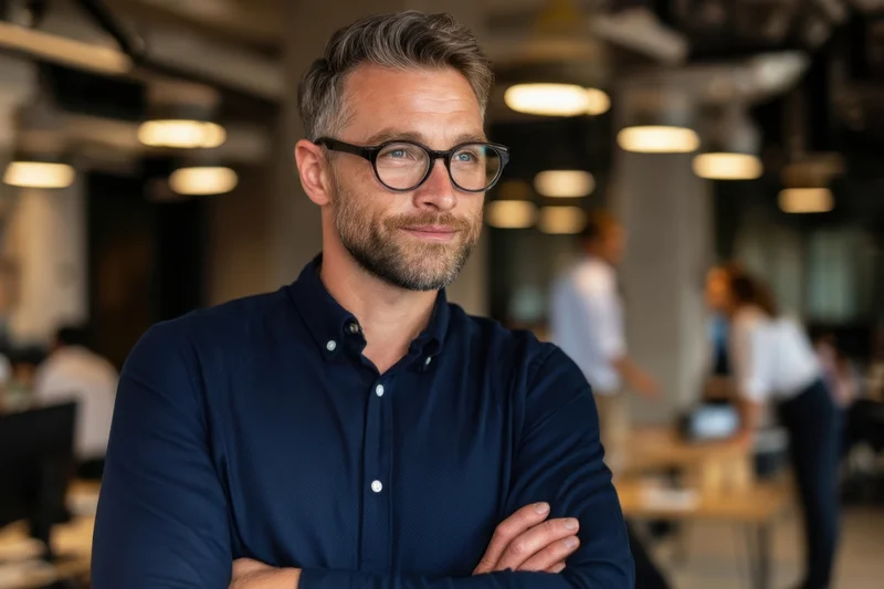 Confident man with arms crossed in a modern office environment