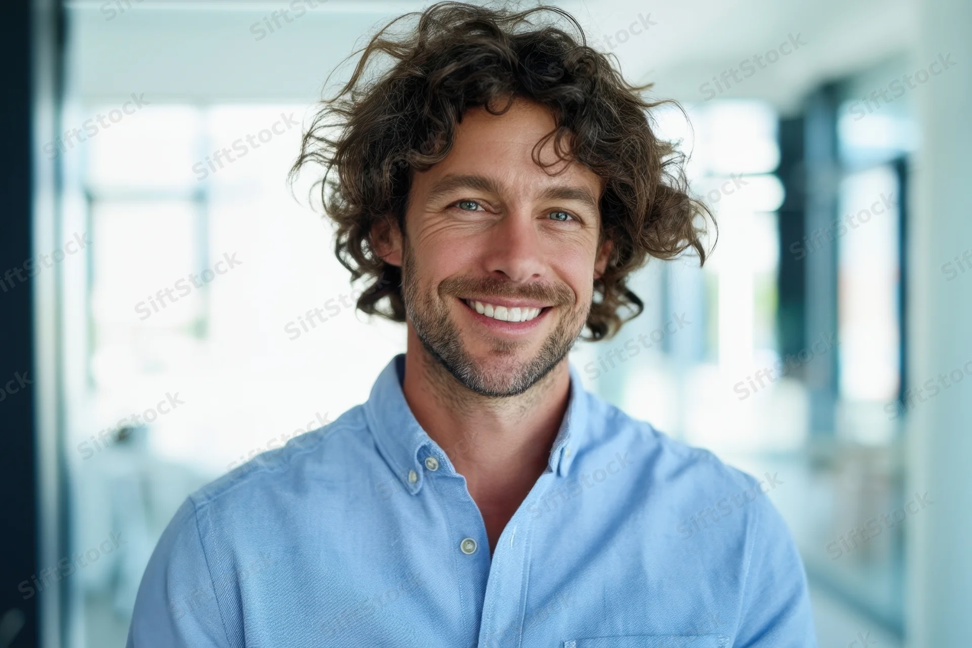 Confident man with curly brown hair smiling in a modern office interior