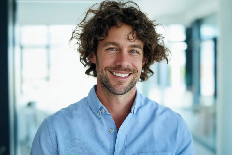 Confident man with curly brown hair smiling in a modern office interior
