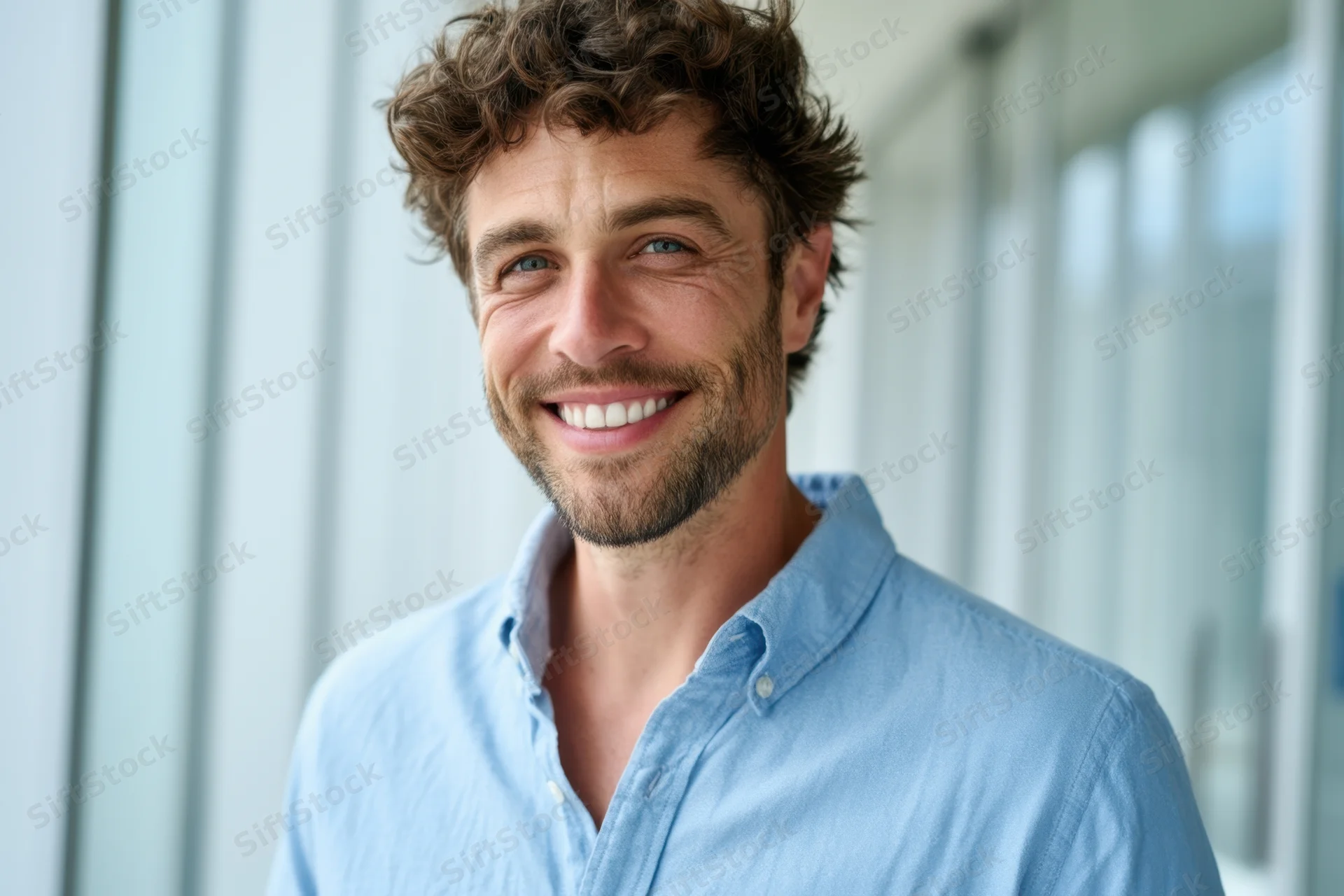 Confident man smiling in a light blue shirt inside a modern office corridor