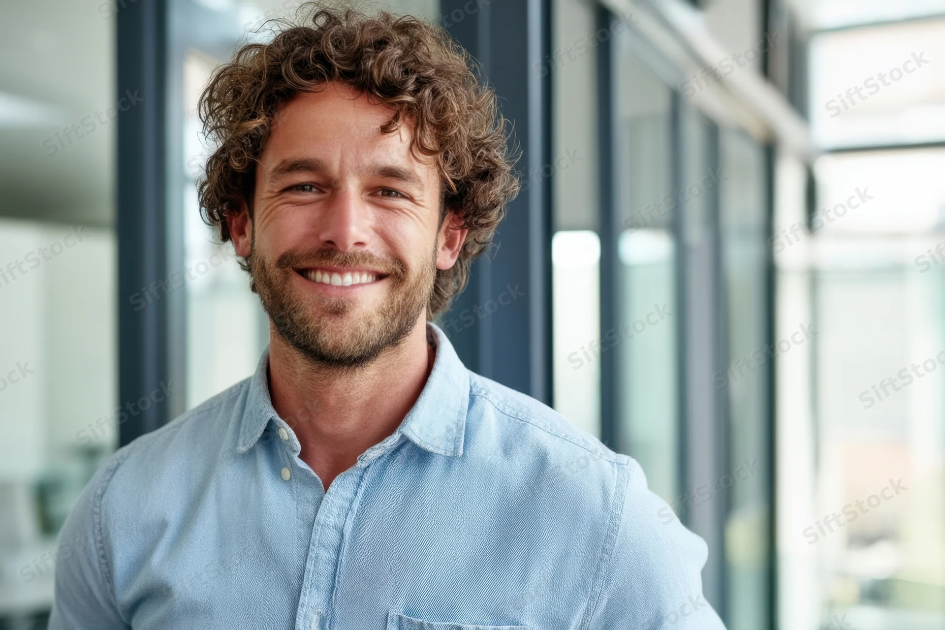 Smiling man with curly brown hair and light blue shirt in modern office interior