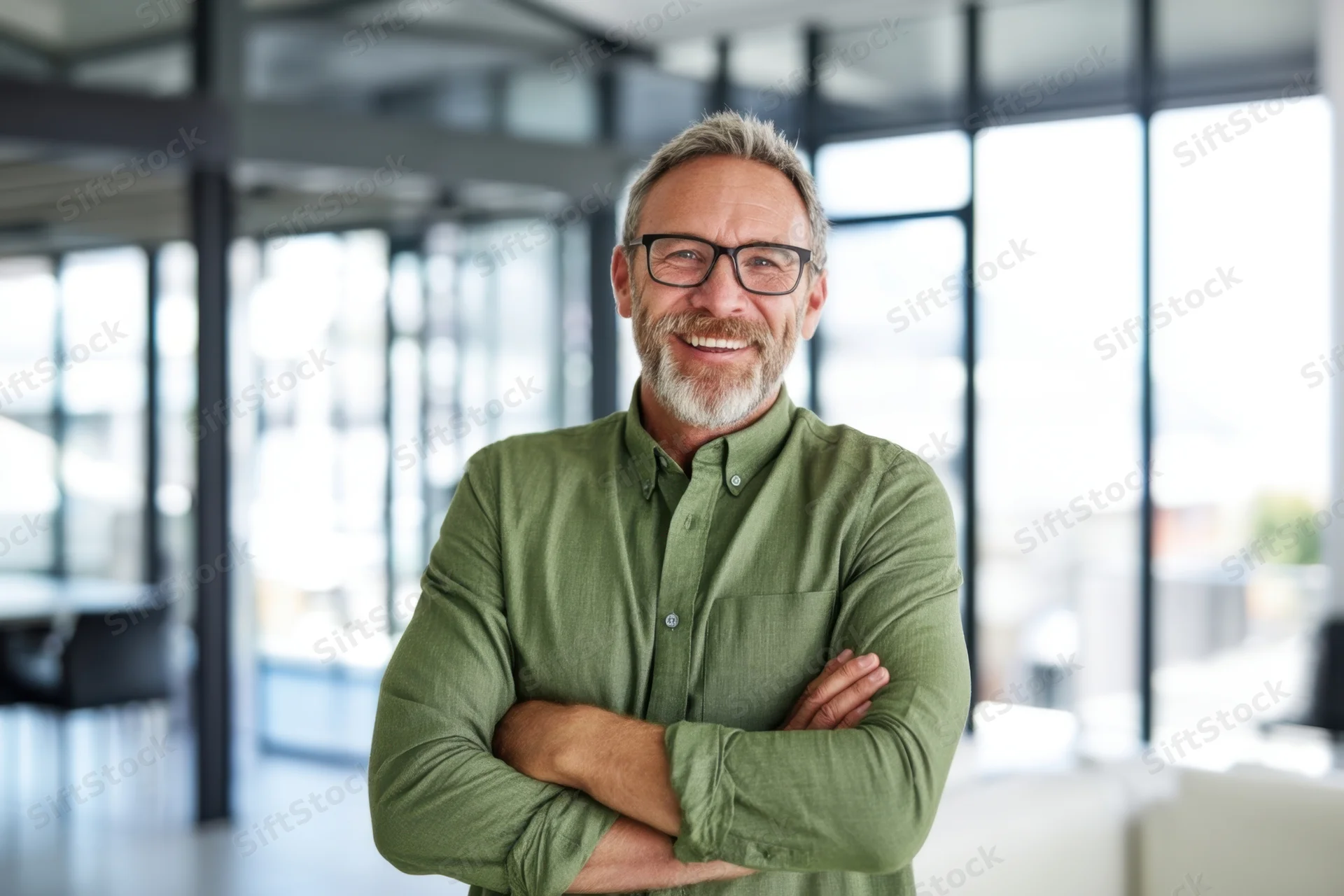 Middle-aged man with glasses smiling with arms crossed in modern office interior