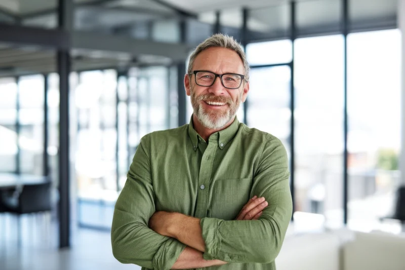 Middle-aged man with glasses smiling with arms crossed in modern office interior
