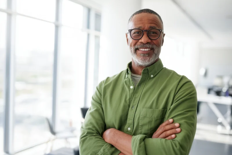 Confident middle-aged man with glasses smiling with arms crossed in bright modern office interior