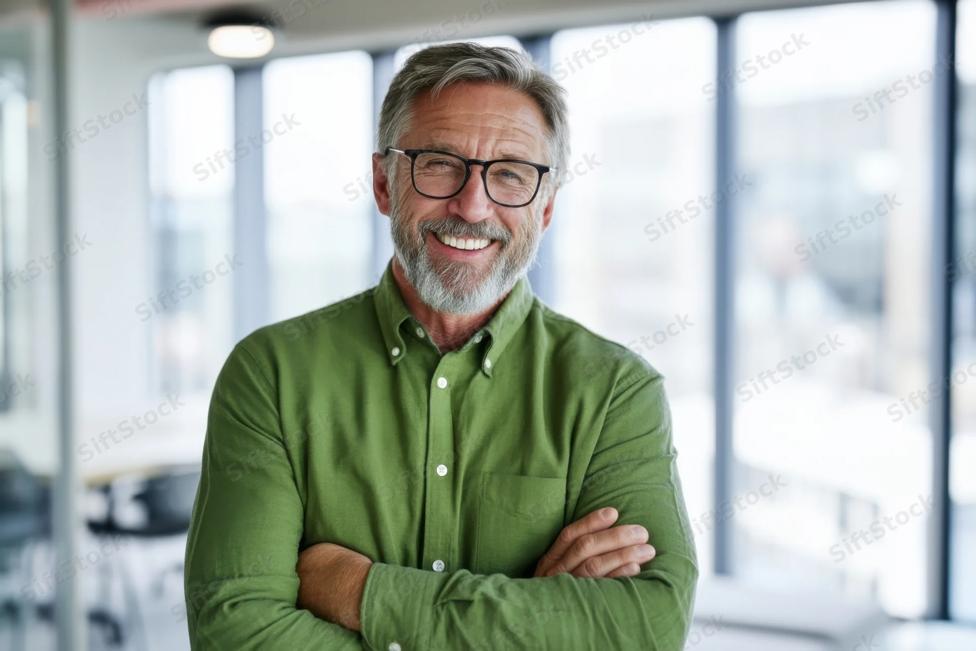Middle-aged man with glasses smiling with arms crossed in a bright modern office