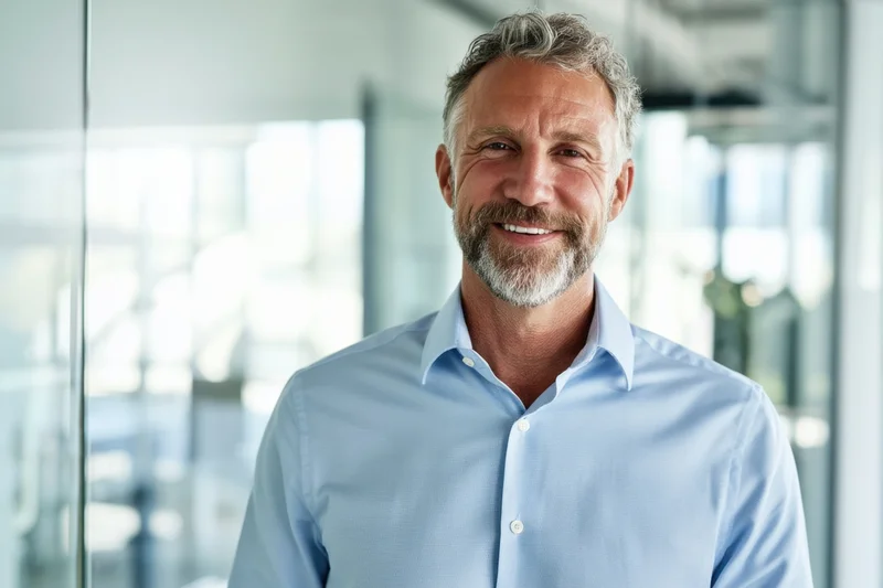 Smiling middle-aged man in blue shirt standing in modern office interior