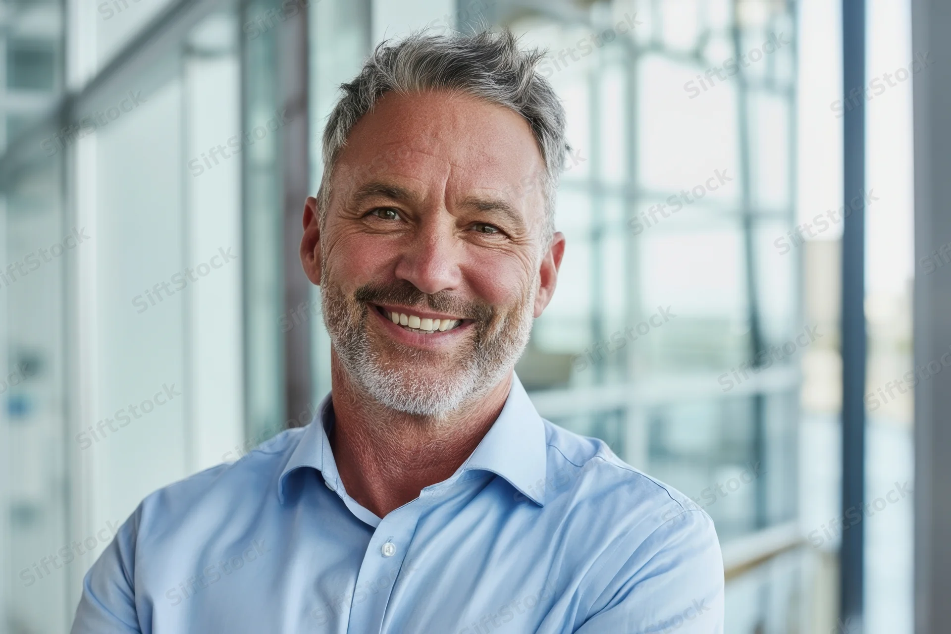 Smiling middle-aged man in blue shirt standing in modern office interior