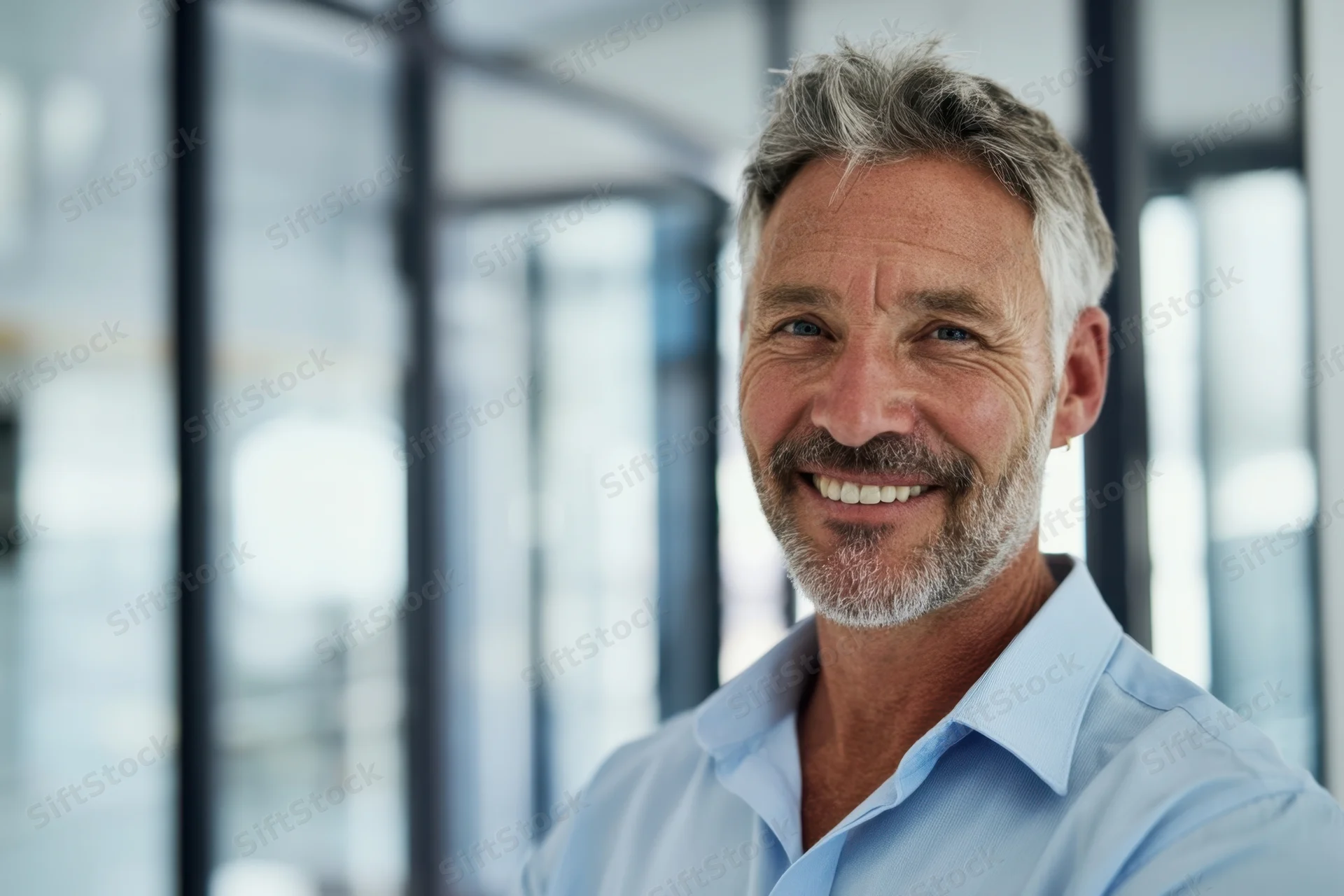 Smiling middle-aged man in light blue shirt standing in modern office interior