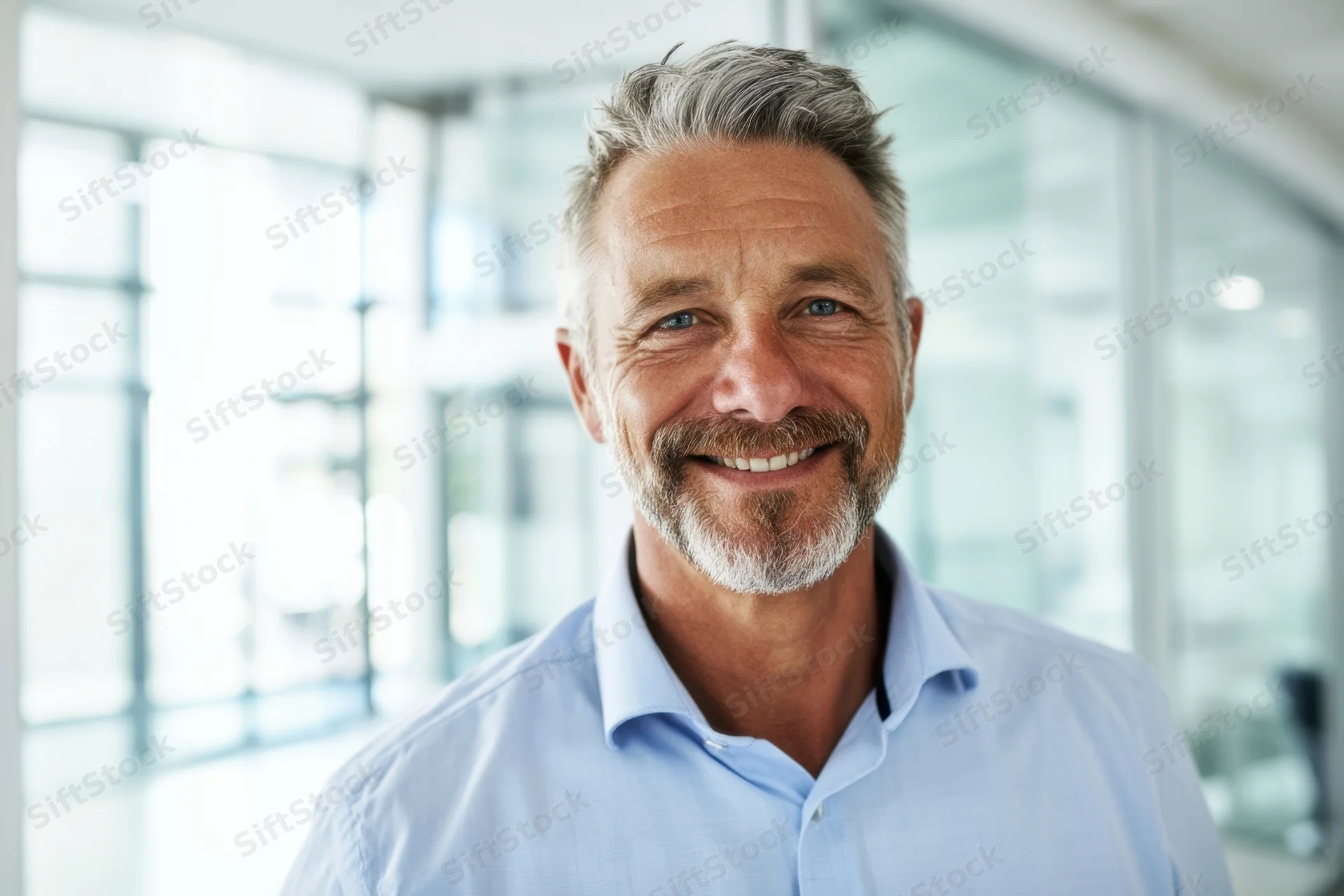 Middle-aged man smiling in a modern office interior