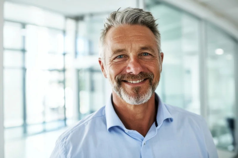 Middle-aged man smiling in a modern office interior