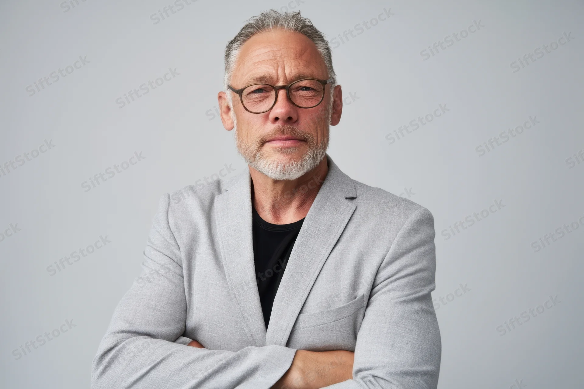 Middle-aged man with gray hair and beard wearing glasses and a gray blazer, arms crossed, in a studio portrait