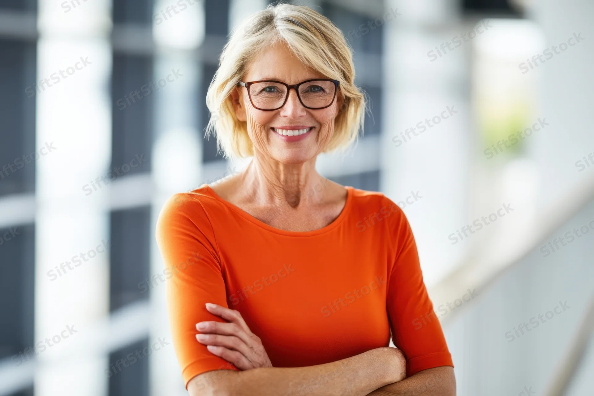 Senior woman with short blonde hair and glasses smiling with arms crossed in a bright office interior