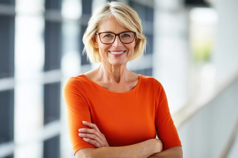 Senior woman with short blonde hair and glasses smiling with arms crossed in a bright office interior