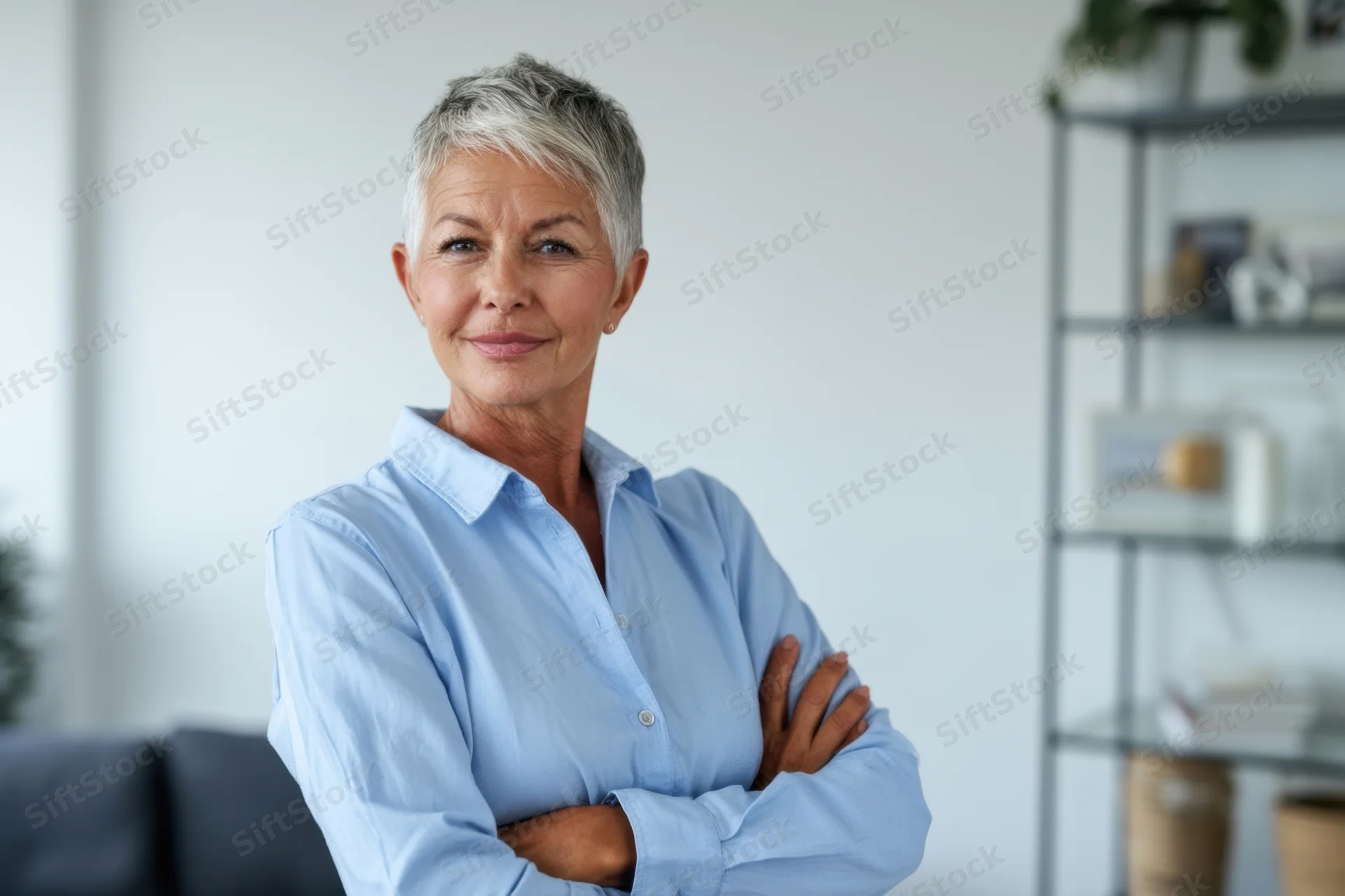 Confident senior woman with short gray hair standing with arms crossed in a modern office interior