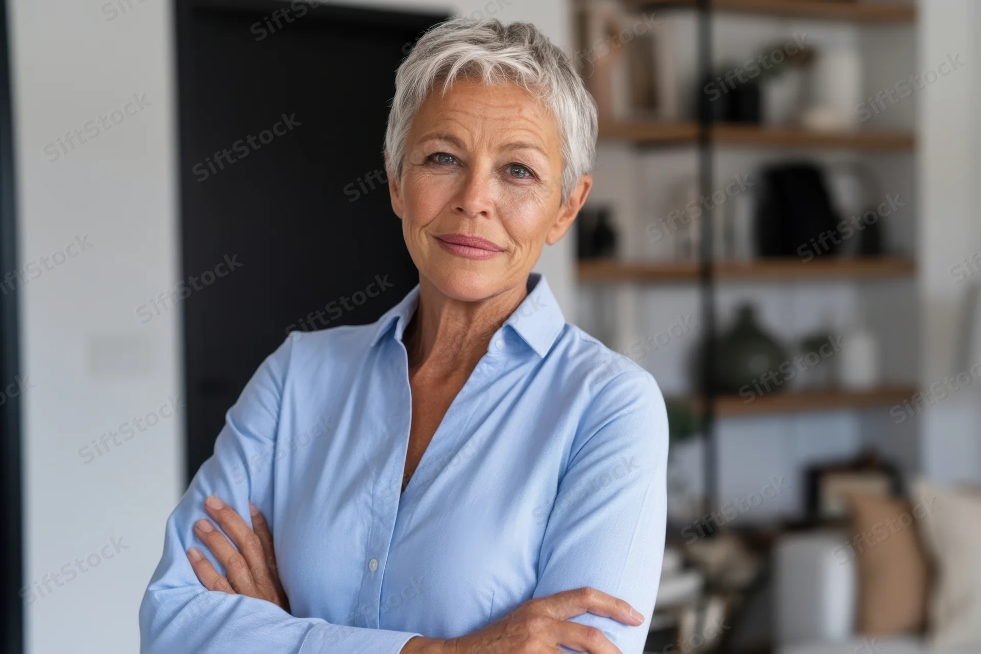 Confident senior woman with arms crossed in a modern home office setting