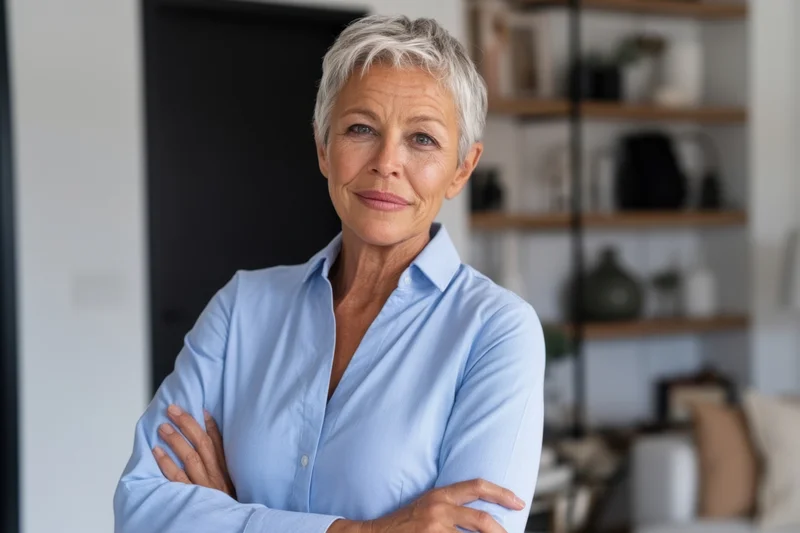 Confident senior woman with arms crossed in a modern home office setting
