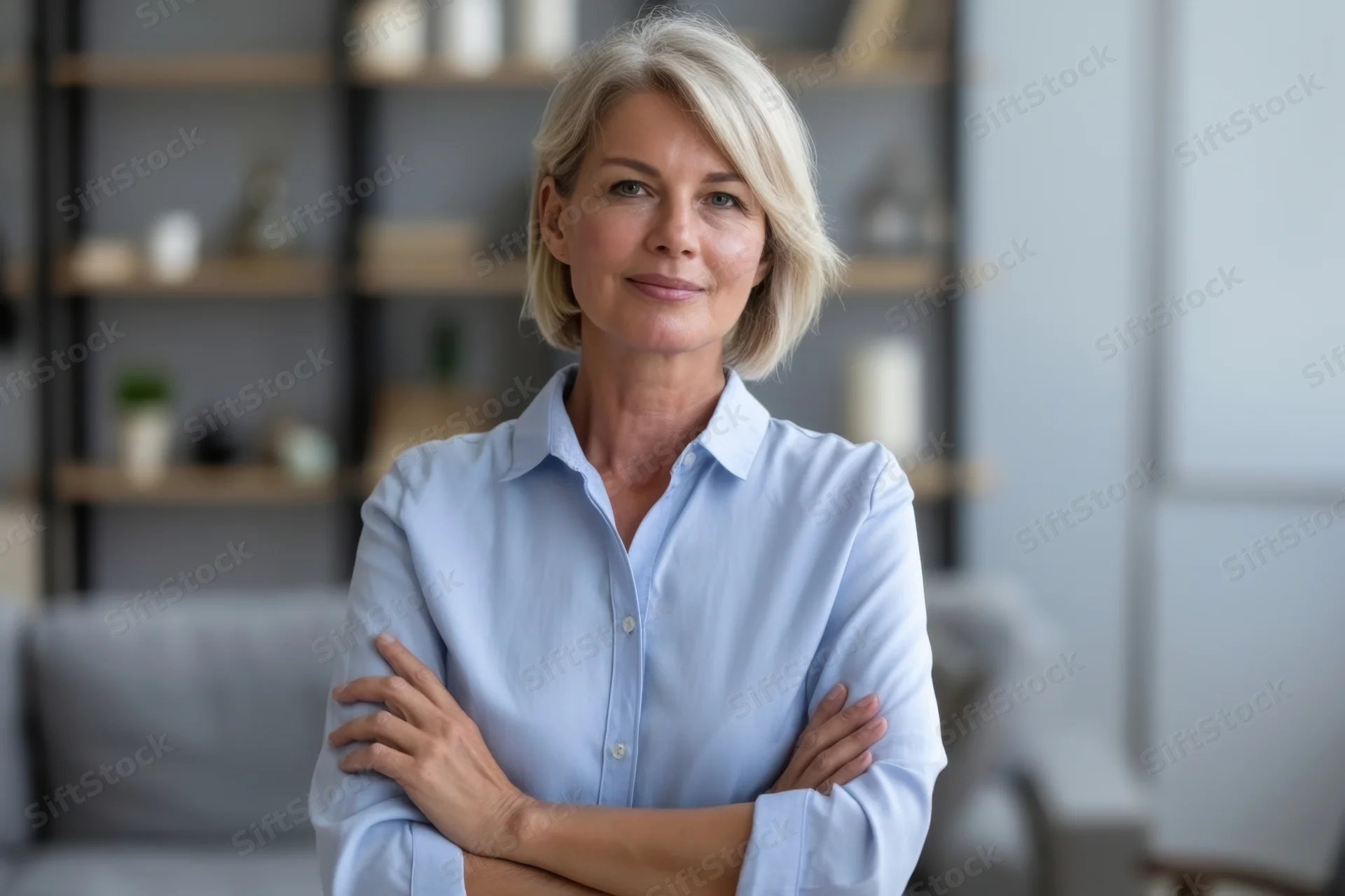 Confident mature woman with arms crossed in a modern home office setting