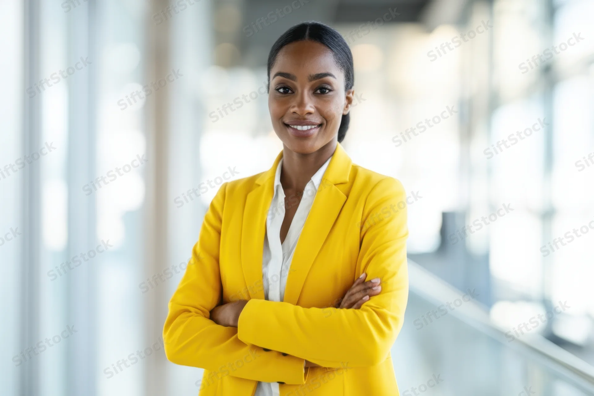 Confident woman in yellow blazer with arms crossed in modern office interior