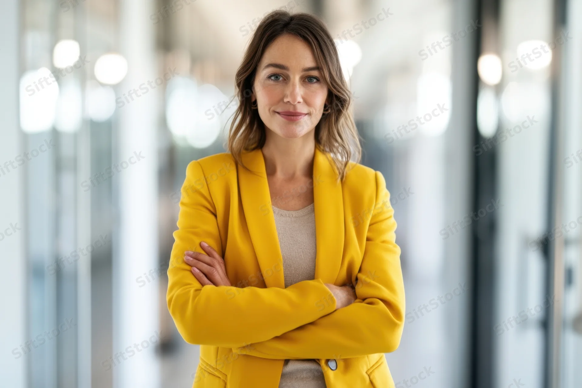 Confident woman in yellow blazer with arms crossed standing in office hallway