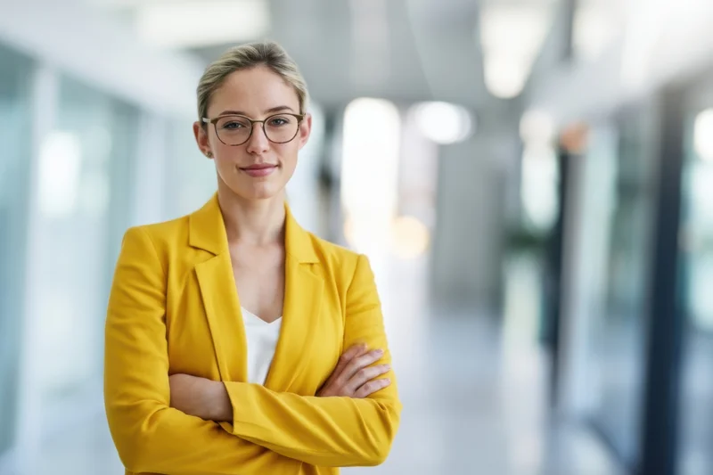 Confident woman in yellow blazer with arms crossed standing in office corridor