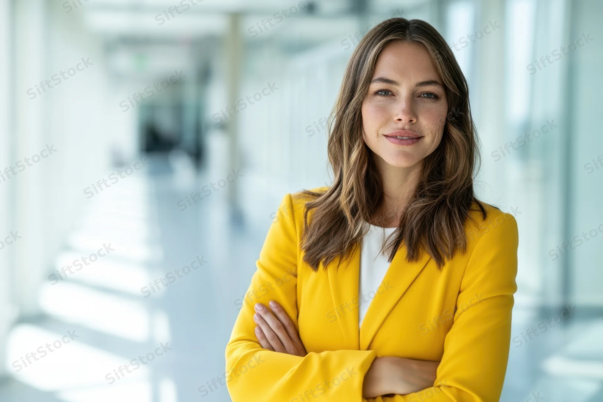 Confident woman in yellow blazer with arms crossed standing in modern office hallway