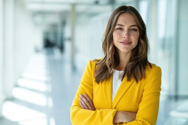 Confident woman in yellow blazer with arms crossed standing in modern office hallway