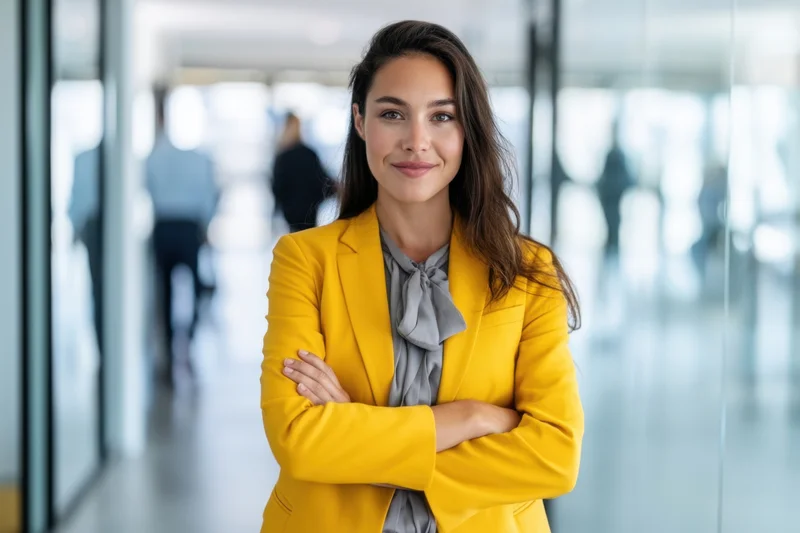 Woman in yellow blazer with arms crossed standing in modern office hallway