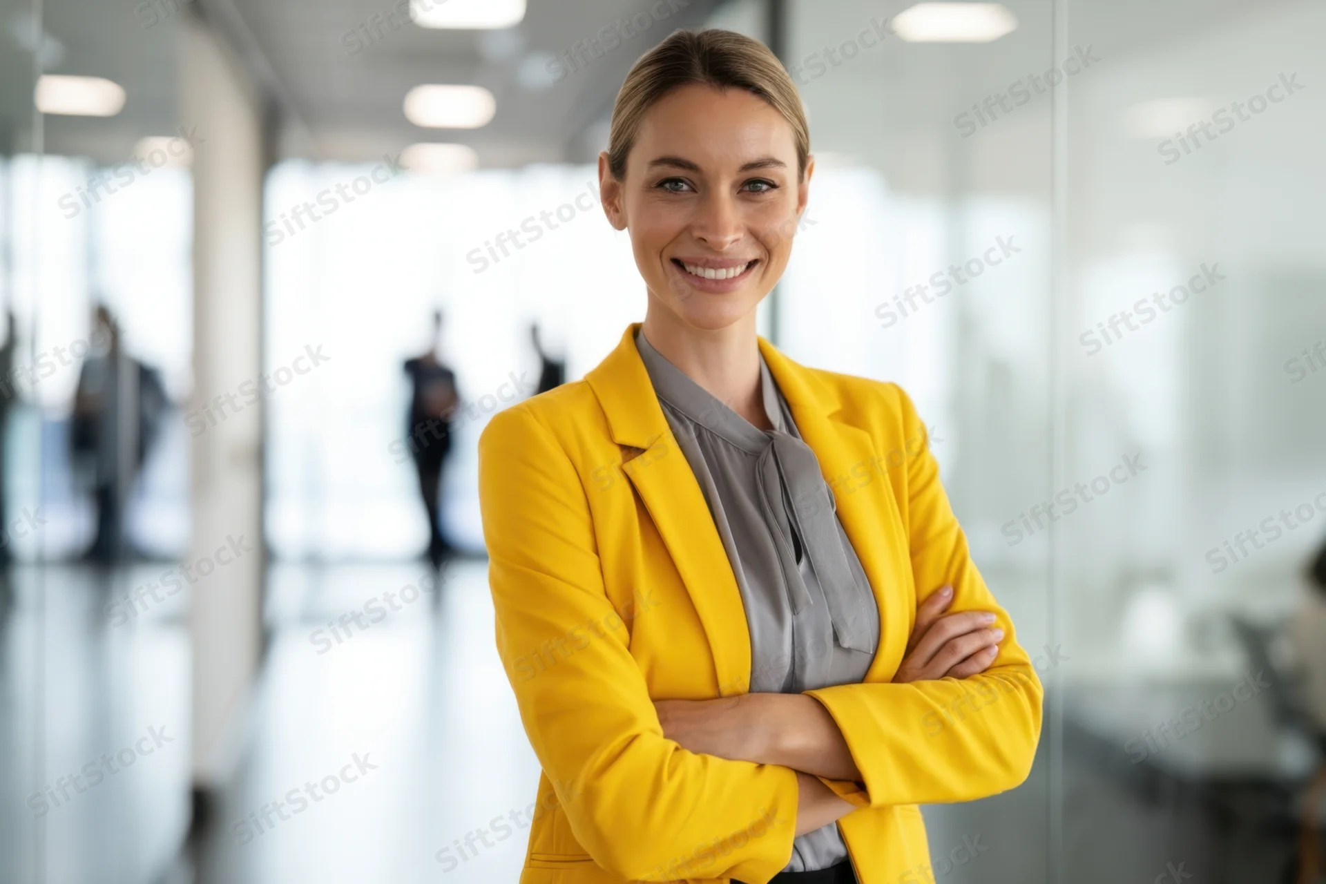 Confident woman in yellow blazer standing with arms crossed in modern office hallway