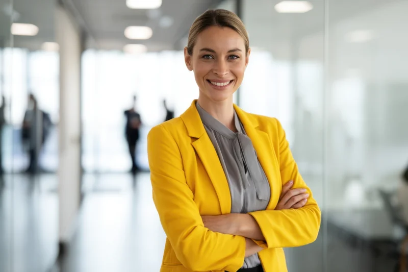 Confident woman in yellow blazer standing with arms crossed in modern office hallway