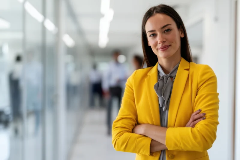 Confident woman in yellow blazer with arms crossed standing in modern office hallway
