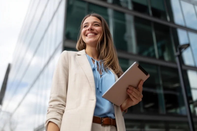 Woman in business attire holding tablet outside modern glass building