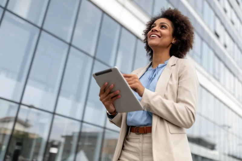 Woman in business attire holding tablet outside modern glass building