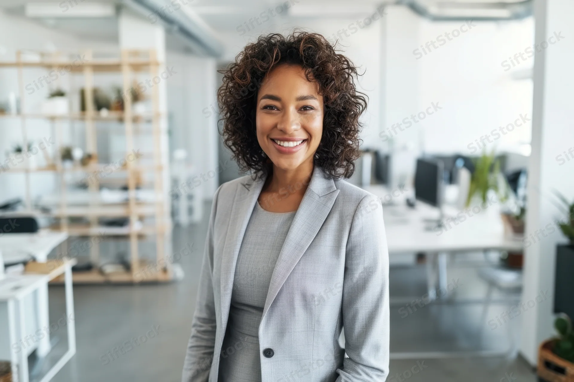Woman in light gray blazer smiling in modern office space