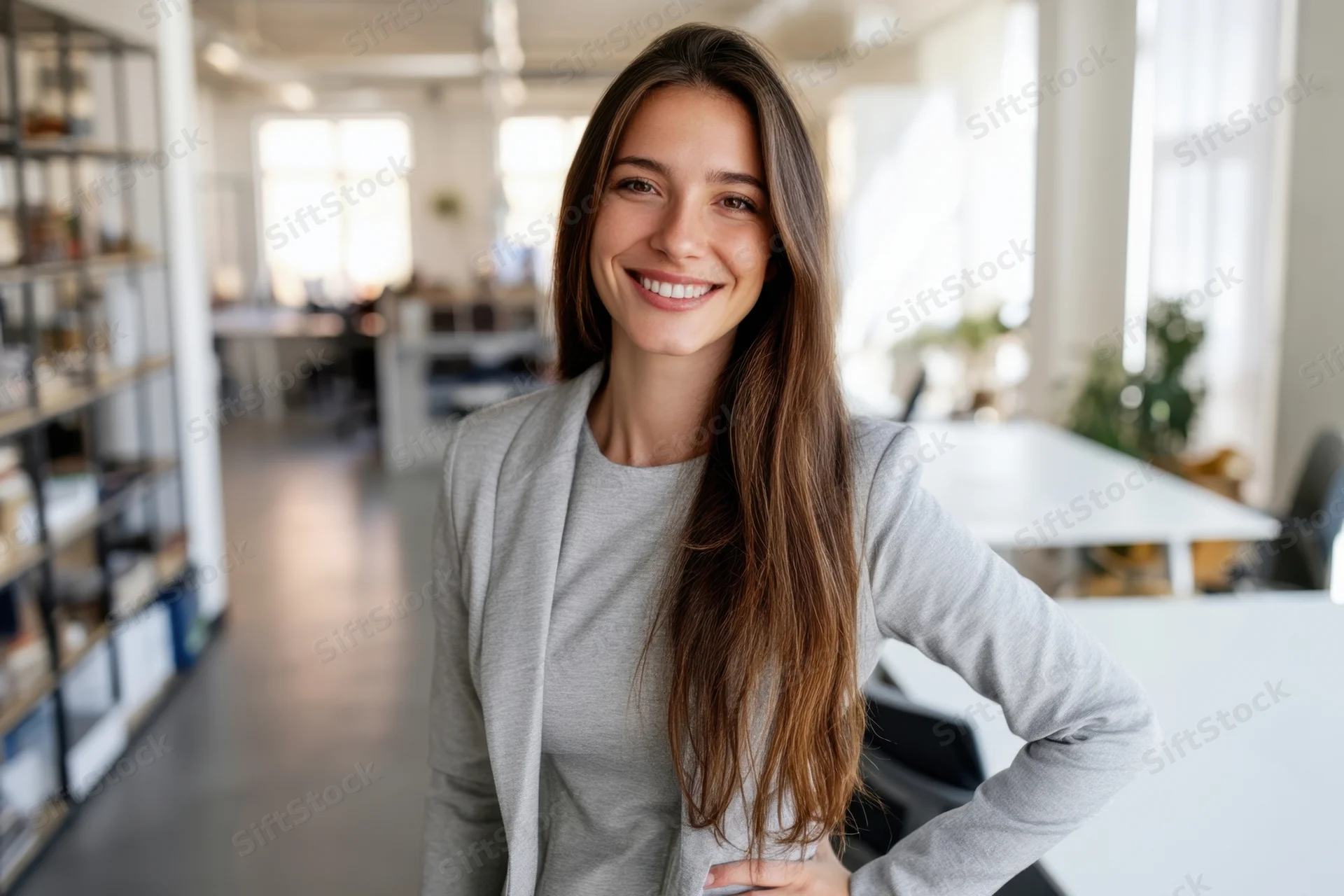 Woman in gray blazer smiling confidently in modern office workspace