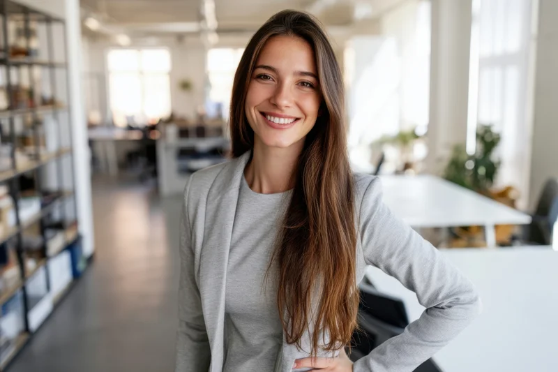 Woman in gray blazer smiling confidently in modern office workspace