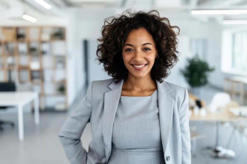 Woman in gray blazer smiling confidently in modern office workspace