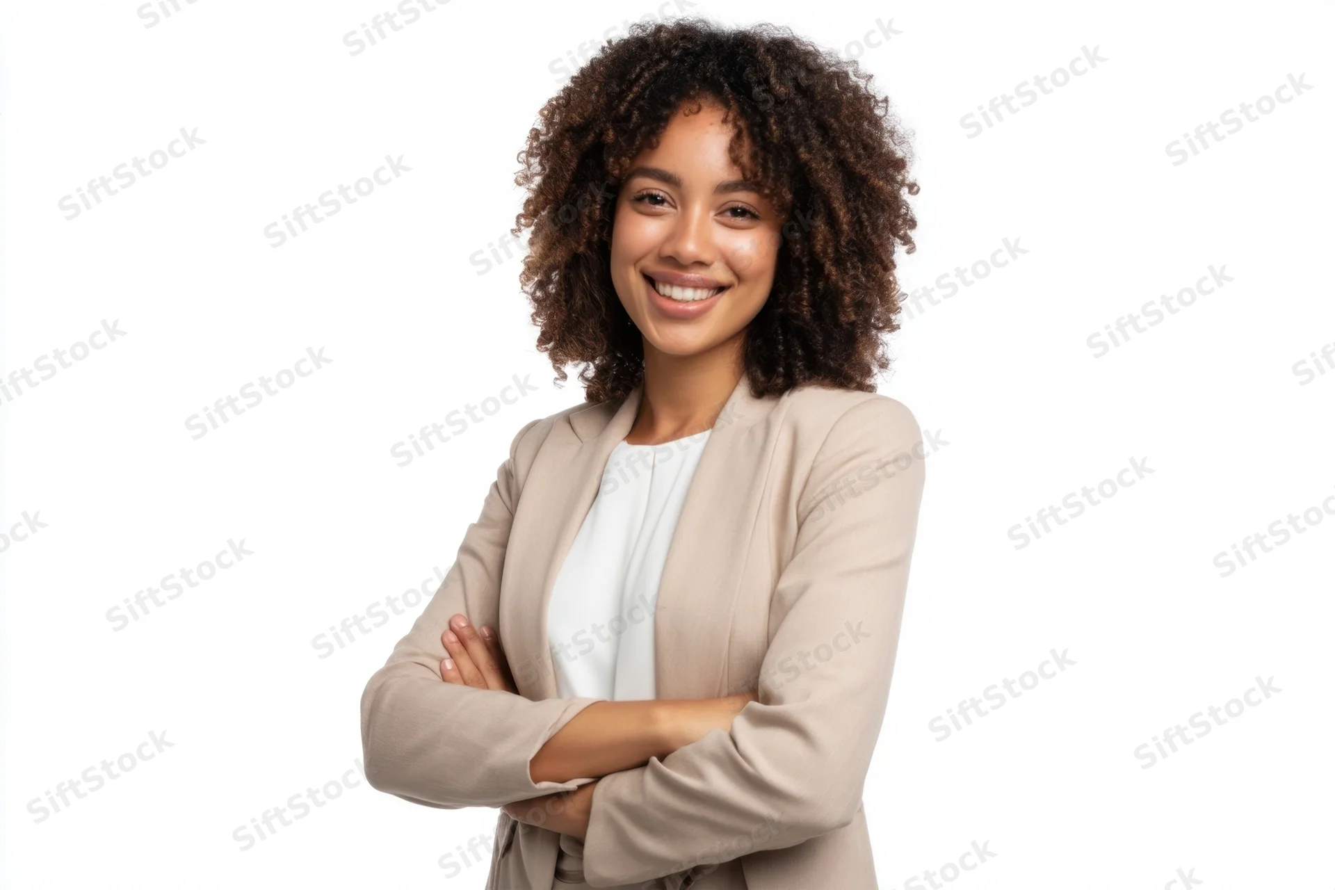 Confident woman in beige blazer smiling with arms crossed against white background