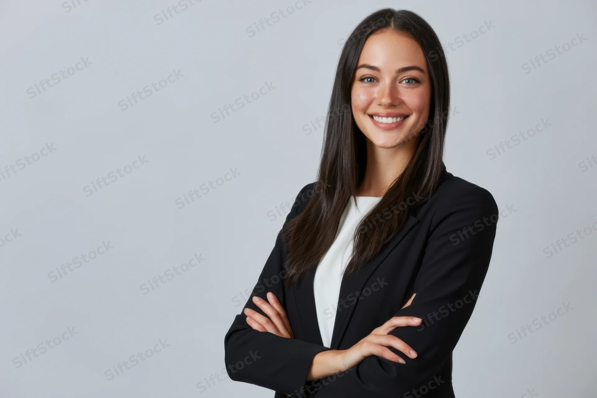 Confident woman in black blazer with arms crossed smiling in studio setting