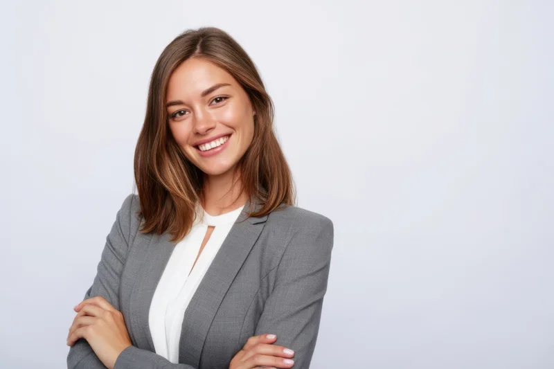 Confident woman in gray blazer smiling with arms crossed against light background
