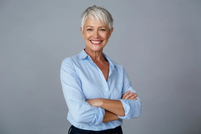 Senior woman with arms crossed smiling in a blue shirt against a gray background