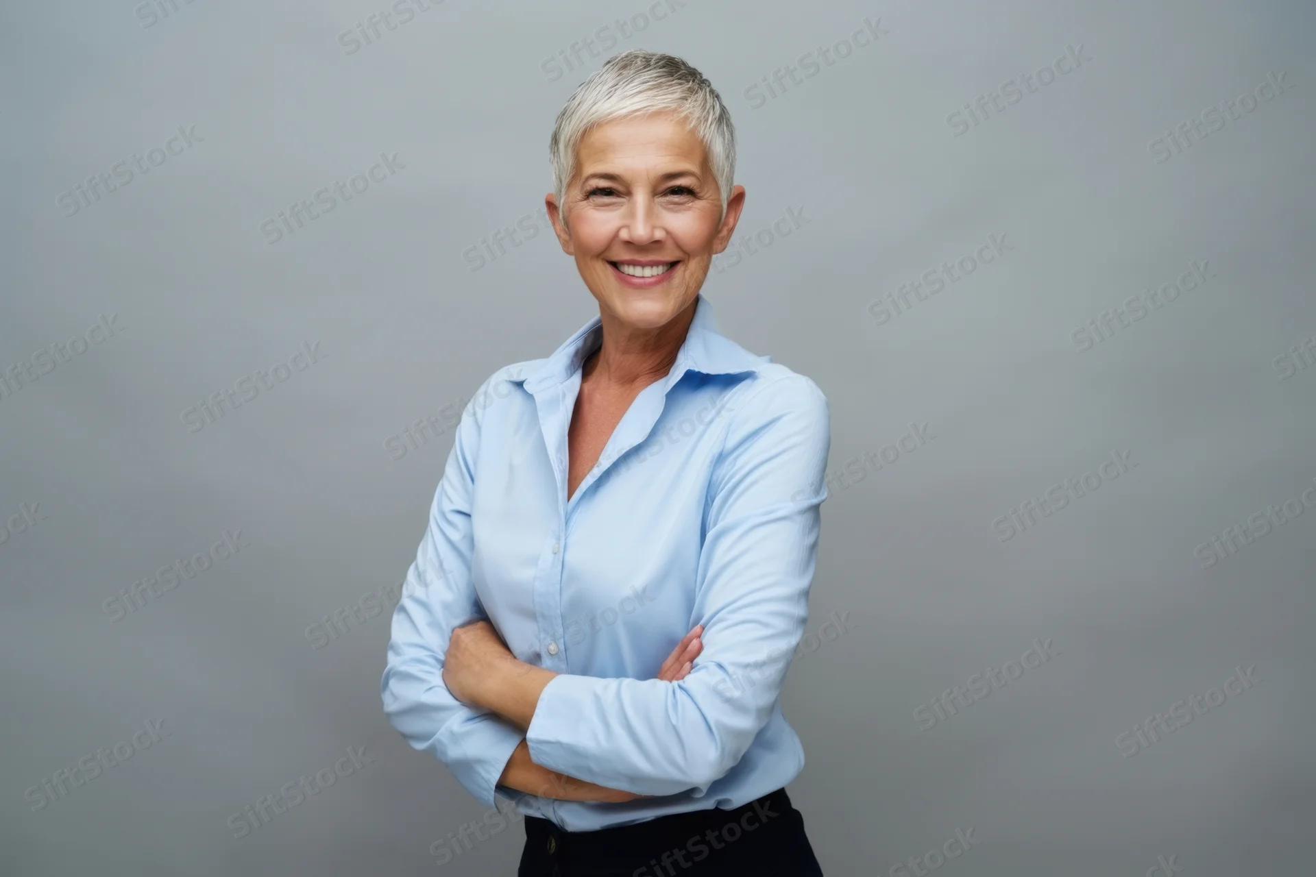 Senior woman with short gray hair standing confidently with arms crossed in a studio setting