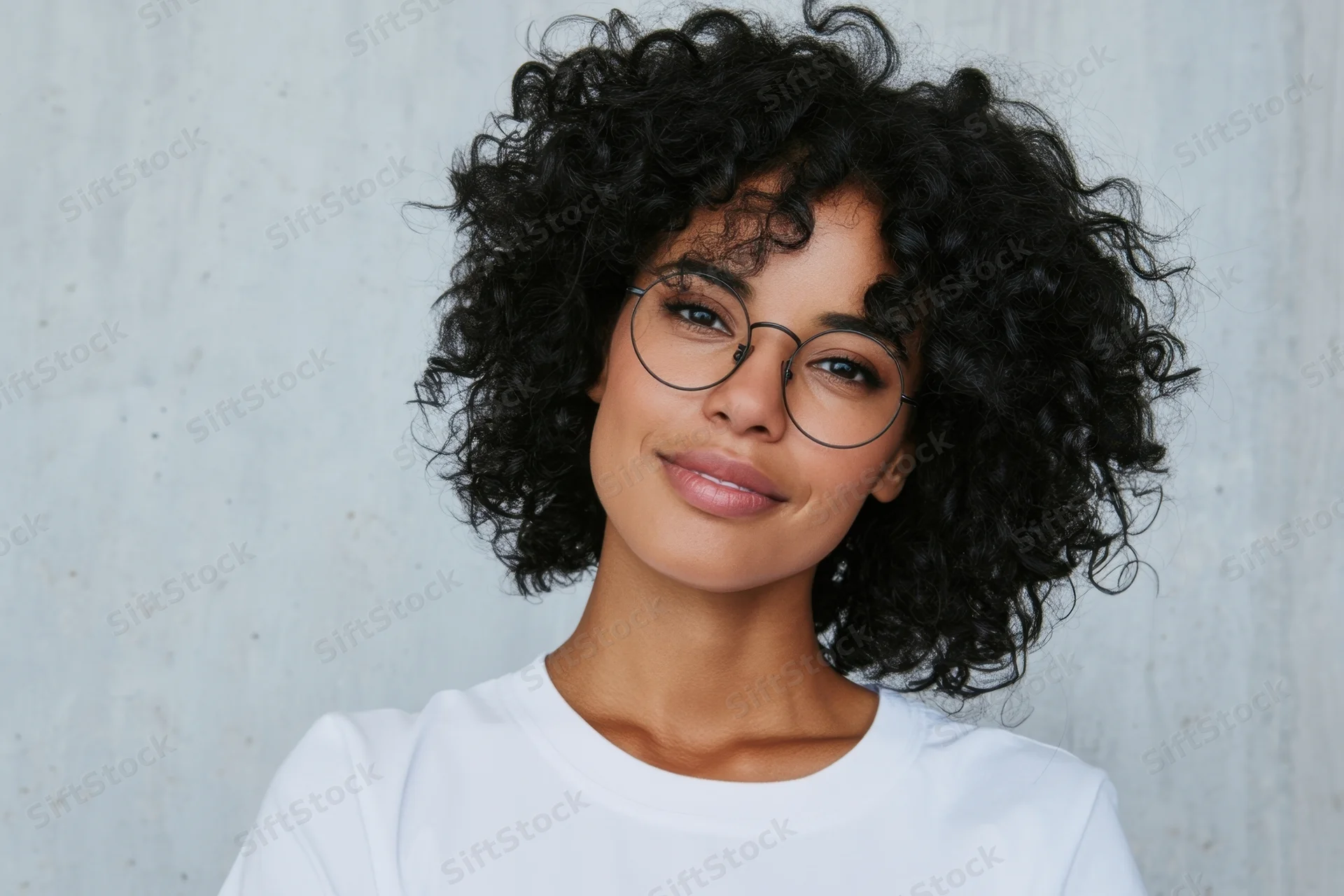 Woman with curly black hair and round glasses smiling in a white tshirt against a light gray background