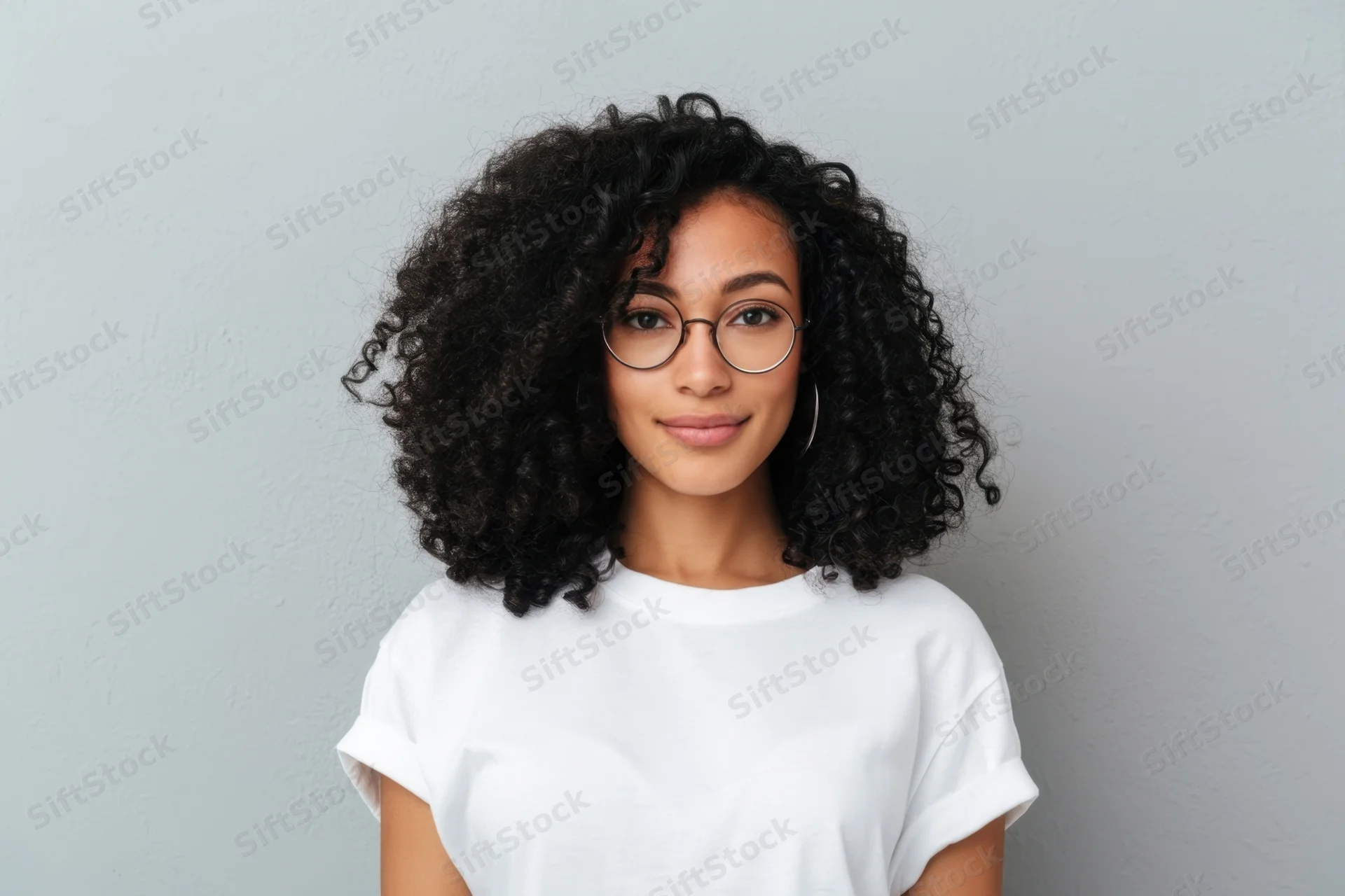Young woman with curly black hair and round glasses smiling in a white tshirt against a plain gray wall