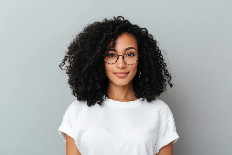 Young woman with curly black hair and round glasses smiling in a white tshirt against a plain gray wall