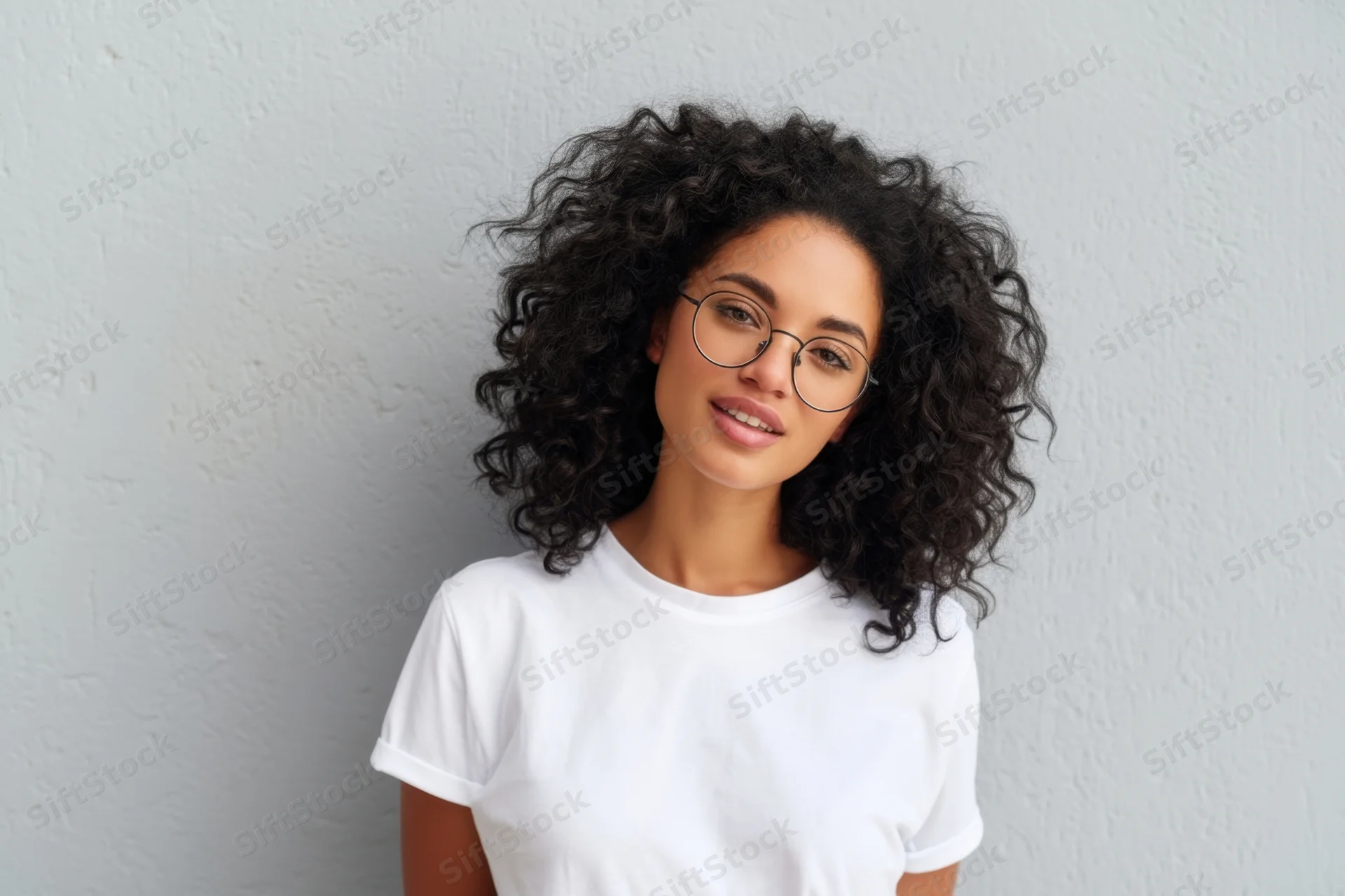 Young woman with curly black hair and round glasses smiling in white tshirt against gray wall