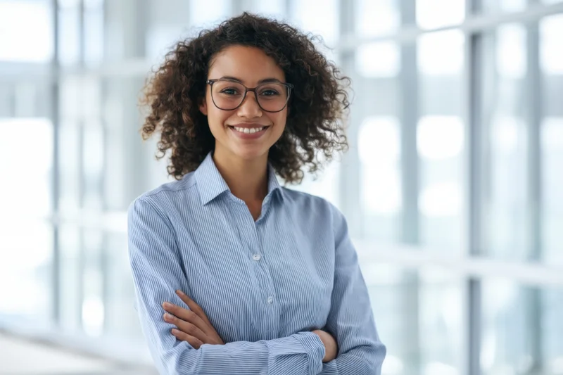 Confident woman with curly hair wearing glasses and a blue striped shirt, arms crossed, smiling in an office setting