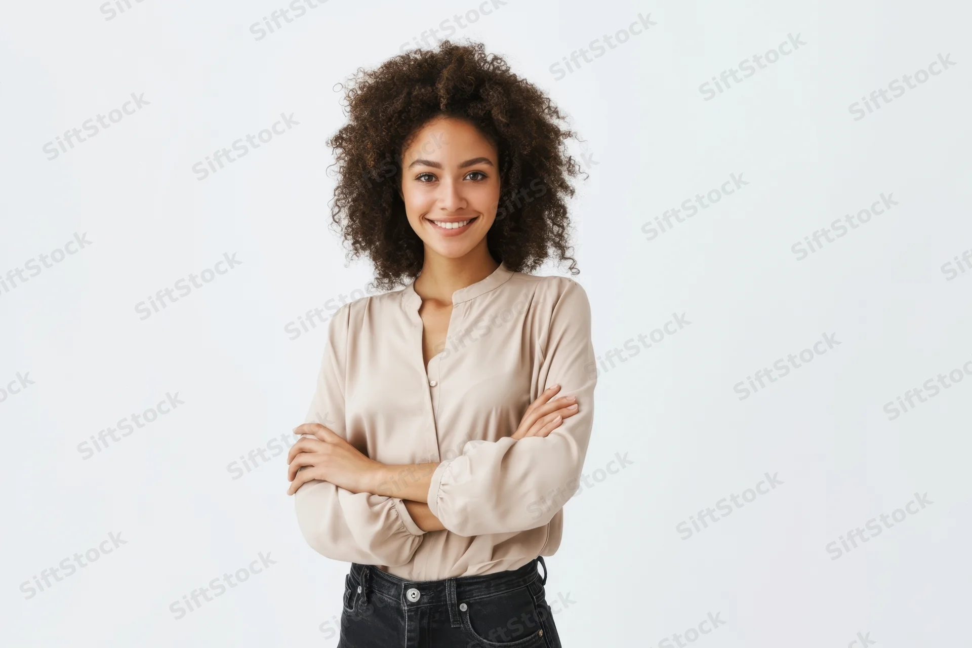 Confident woman with voluminous natural curls standing arms crossed in studio against white background