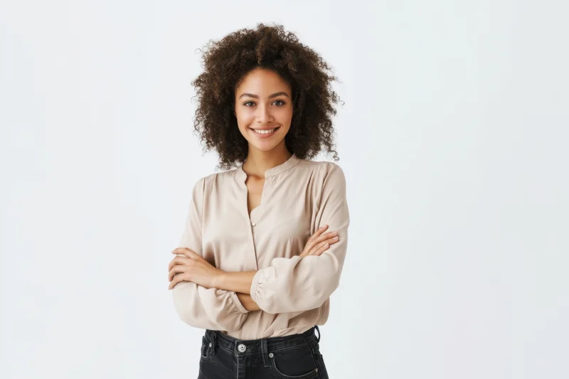 Confident woman with voluminous natural curls standing arms crossed in studio against white background