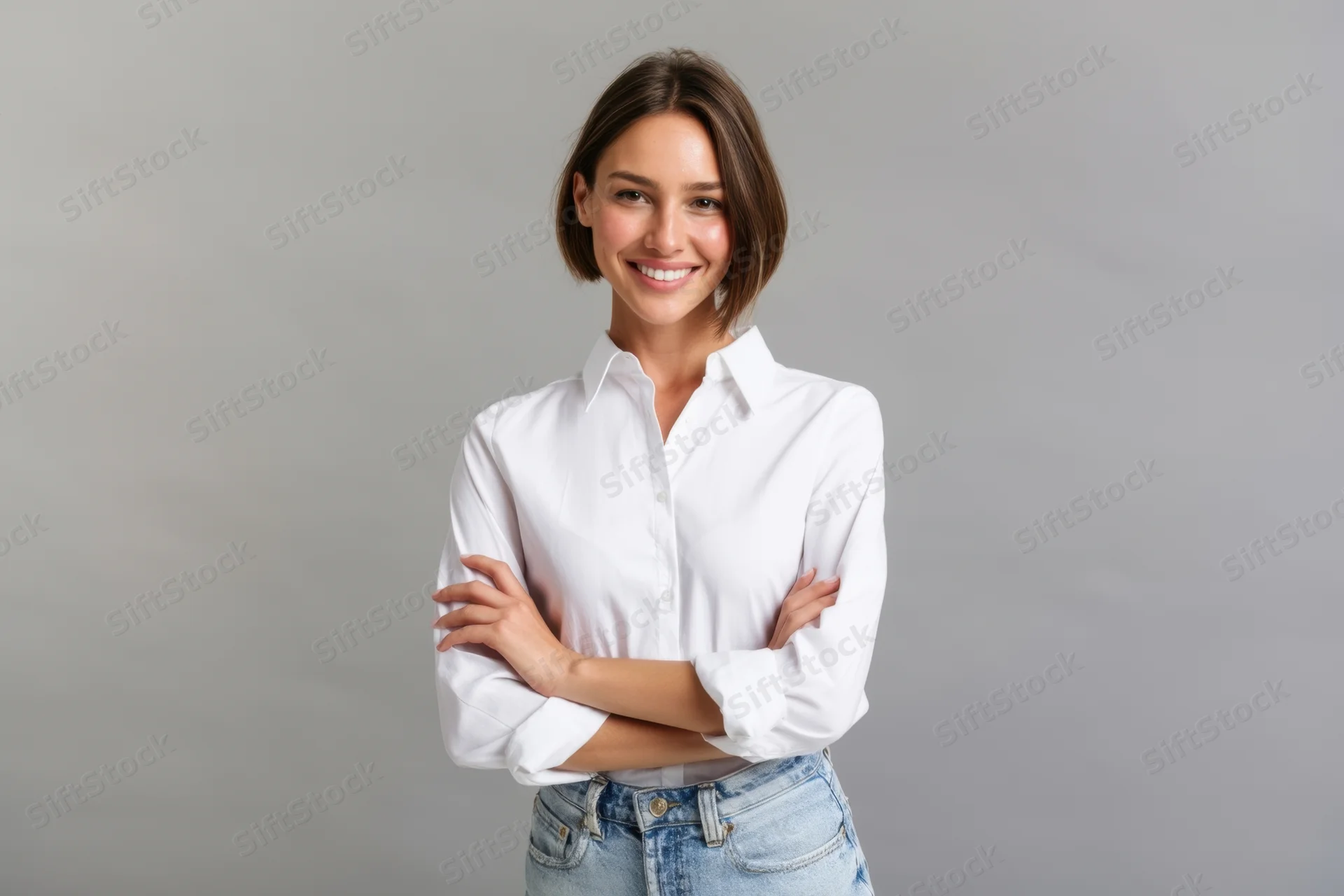 Young woman smiling with arms crossed in white shirt and jeans against gray background