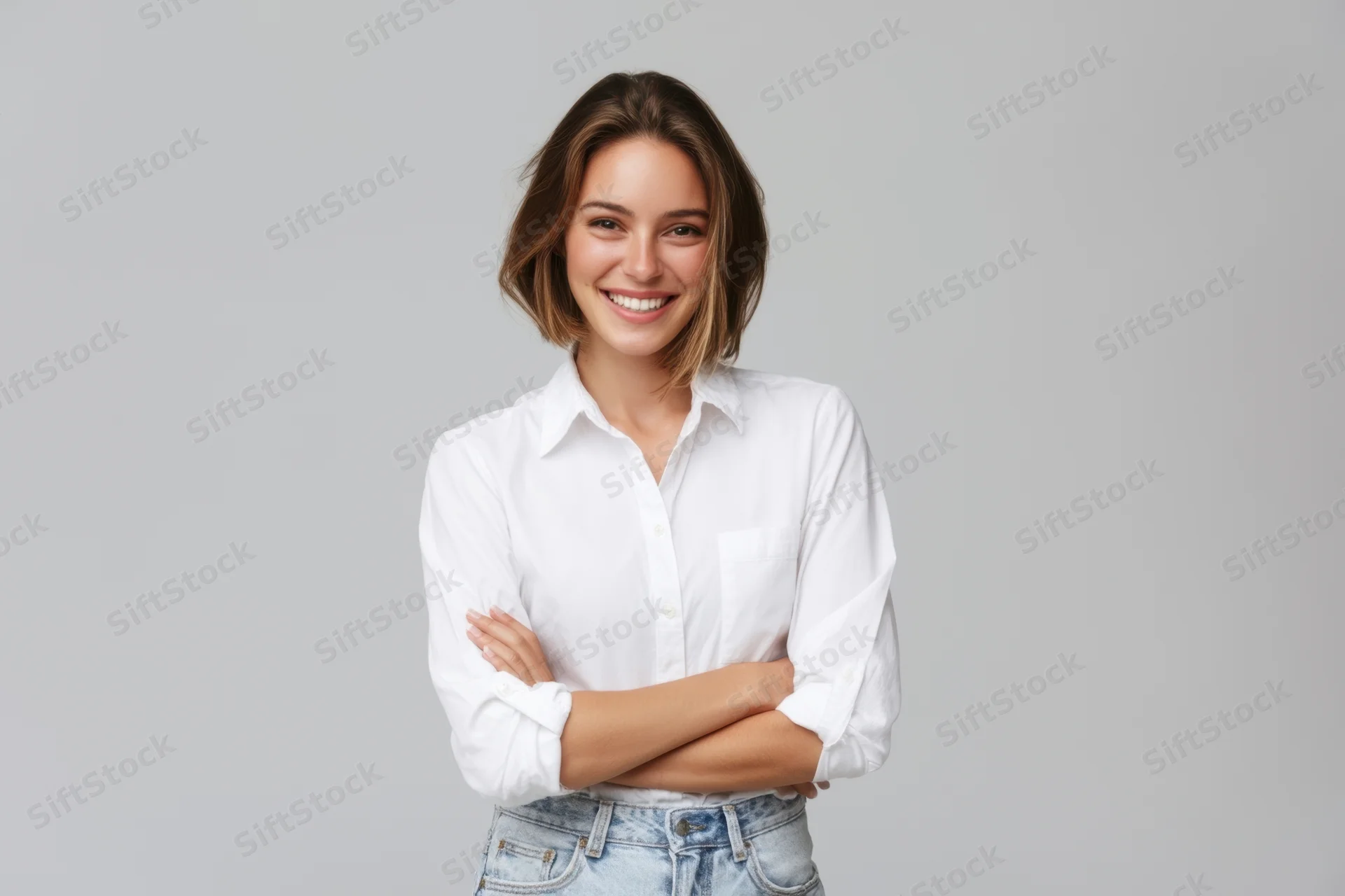 Young woman smiling with arms crossed in white shirt and jeans against neutral background